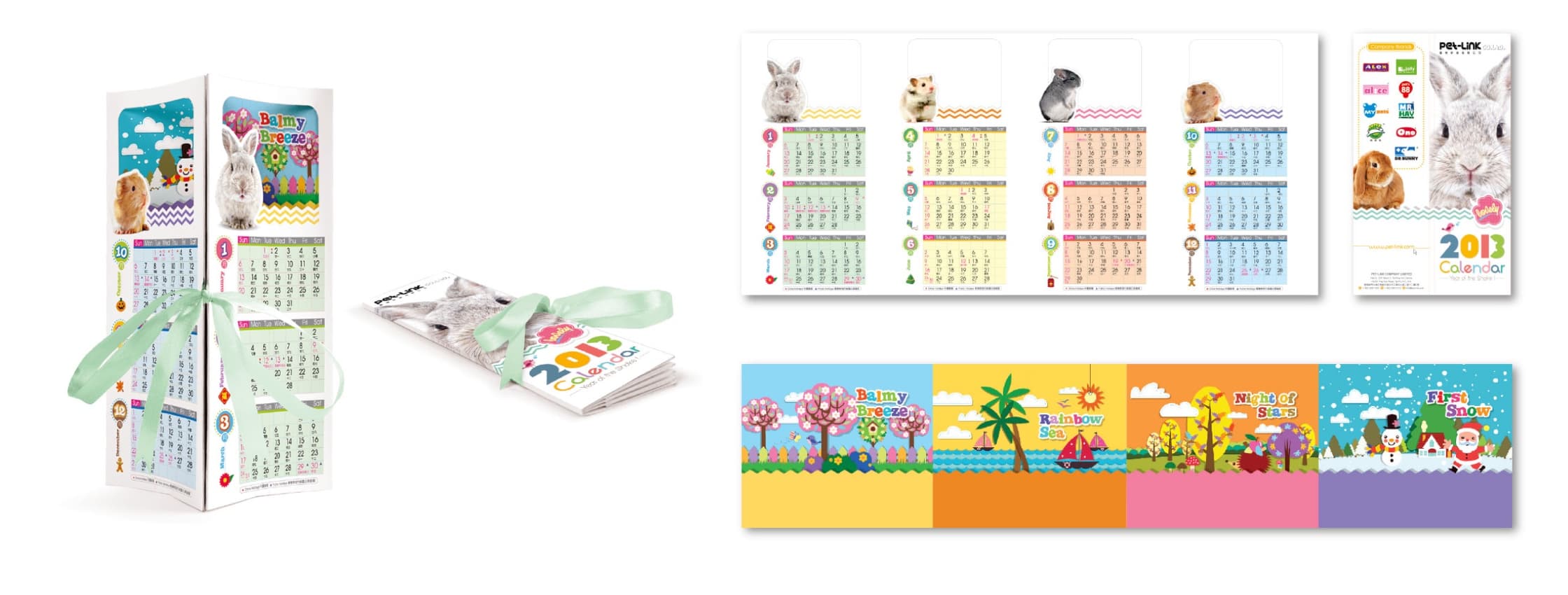 Fold-out 2013 pet calendar with rabbits, hamsters and seasonal illustrations