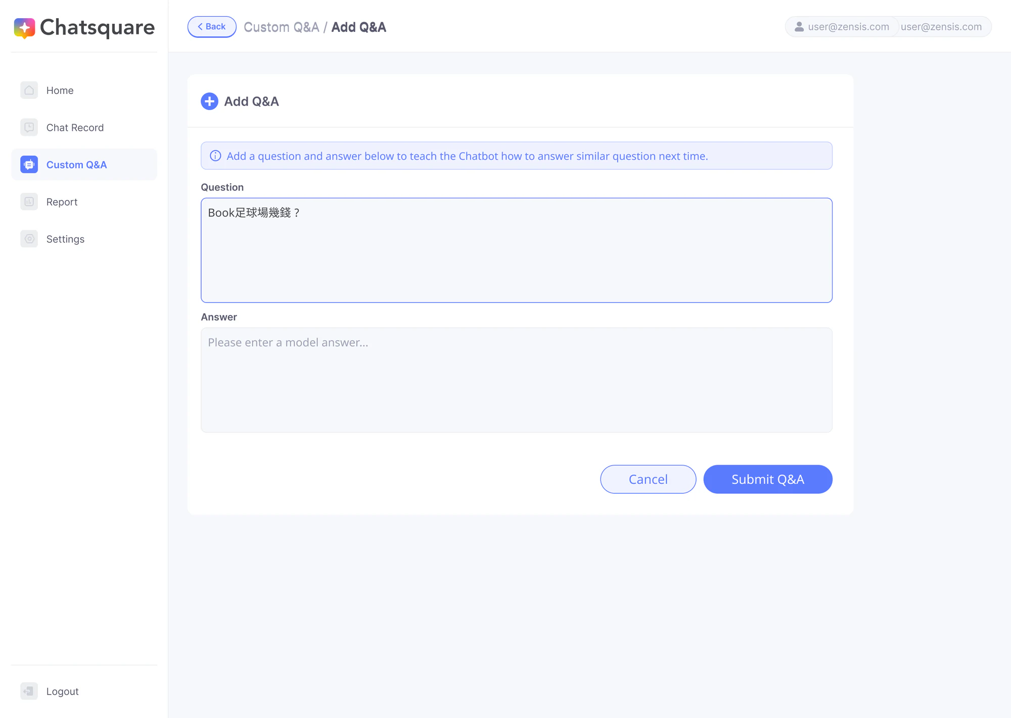 ChatSquare CMS create Q and A screen