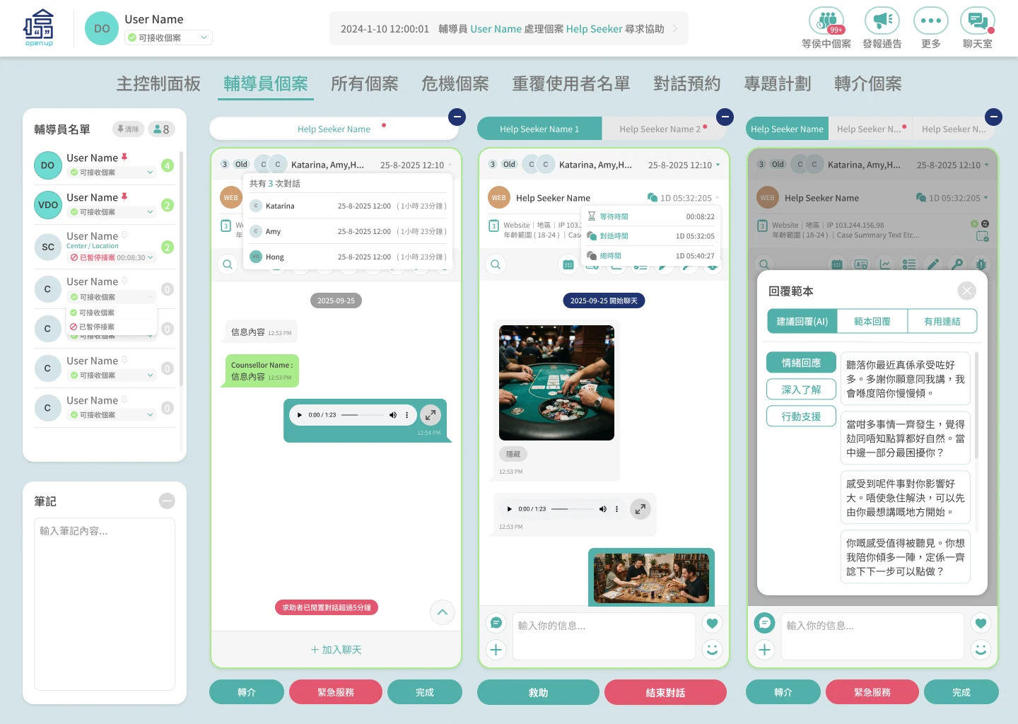 OpenUp CMS help-seeker conversation with AI-assisted reply suggestions and counsellor controls