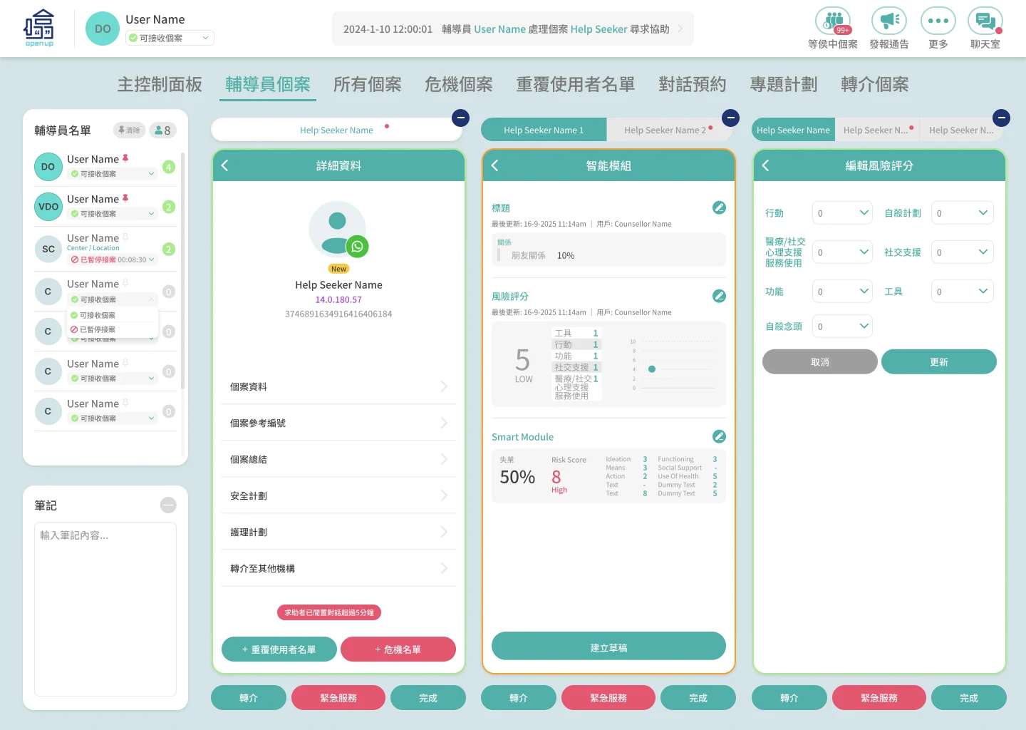 OpenUp CMS case workspace with a human-reviewed AI-assisted conversation risk assessment