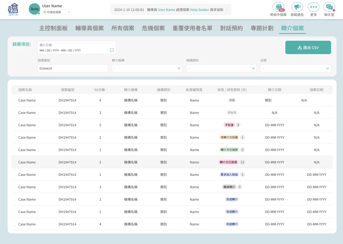 OpenUp CMS case referral table with organisation, status and referral dates