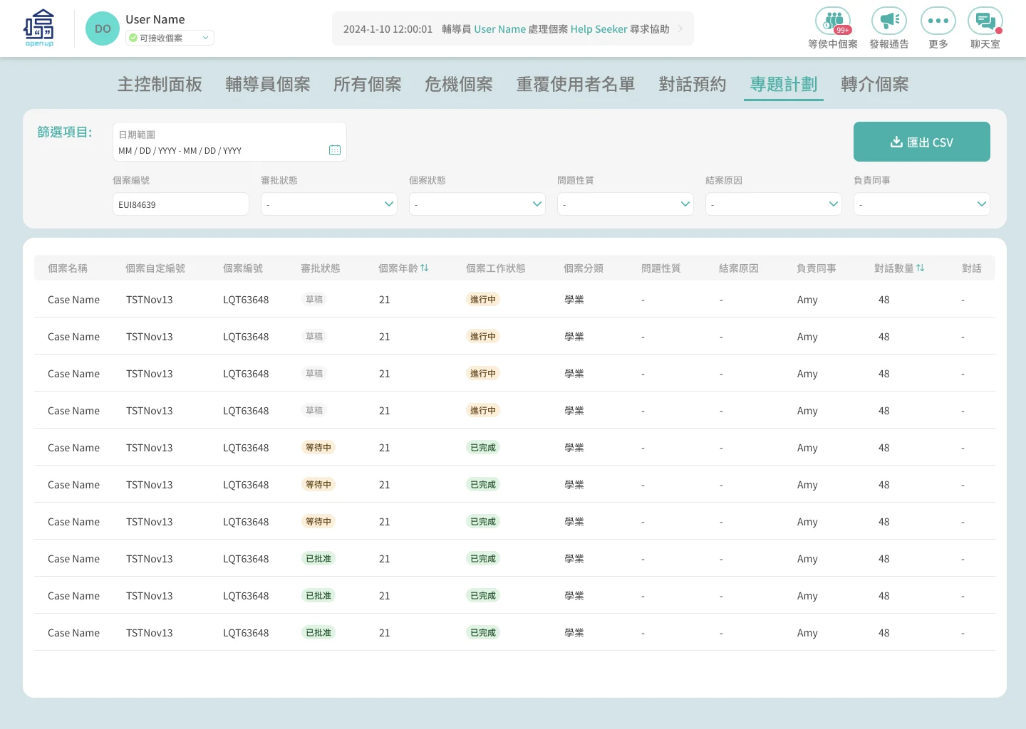 OpenUp CMS thematic programme management table with case status and service details