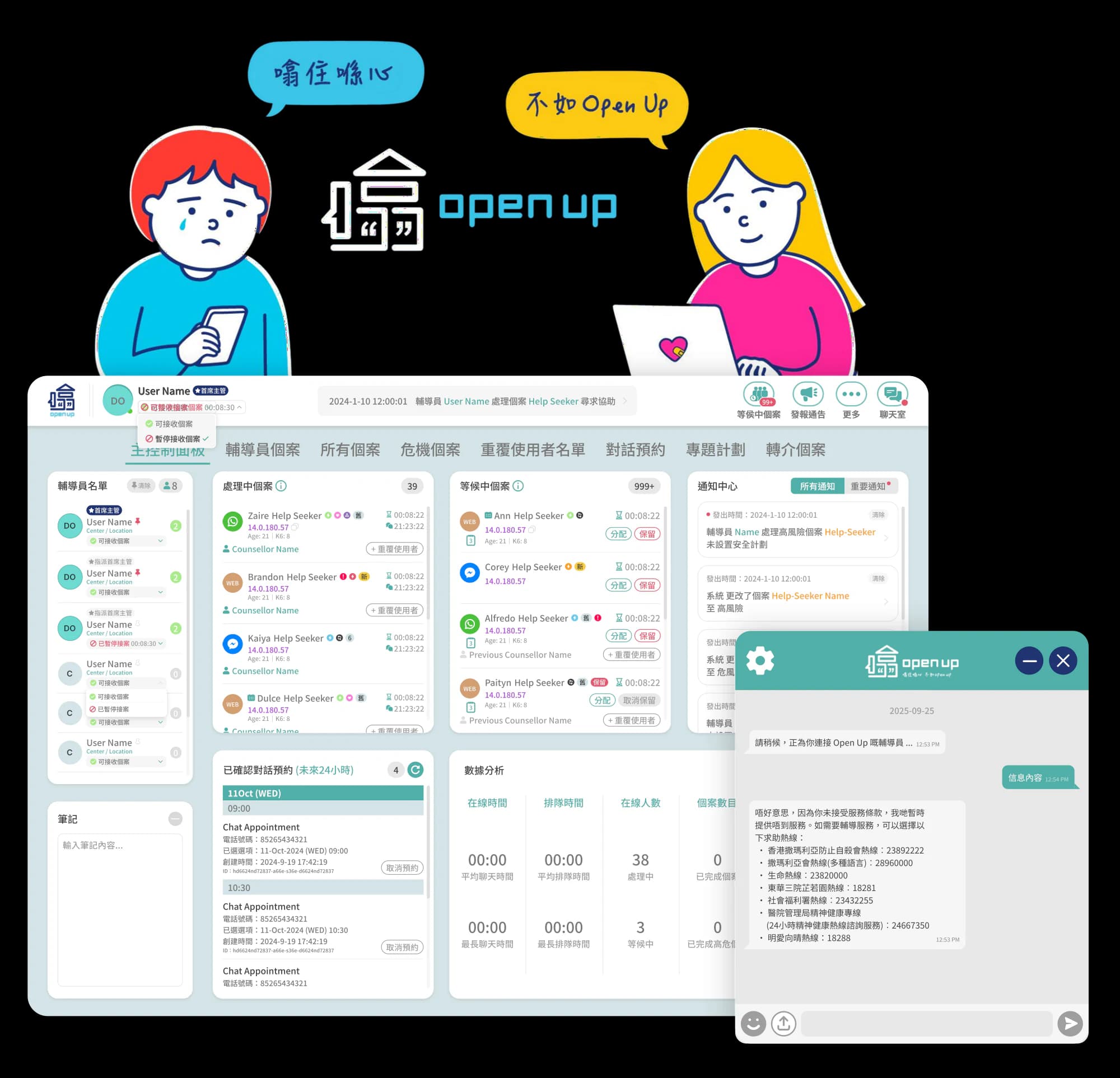 OpenUp website chat widget and counsellor case-management platform