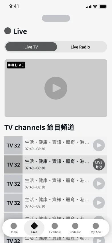 Live TV and radio RTHK ON THE GO wireframes demo