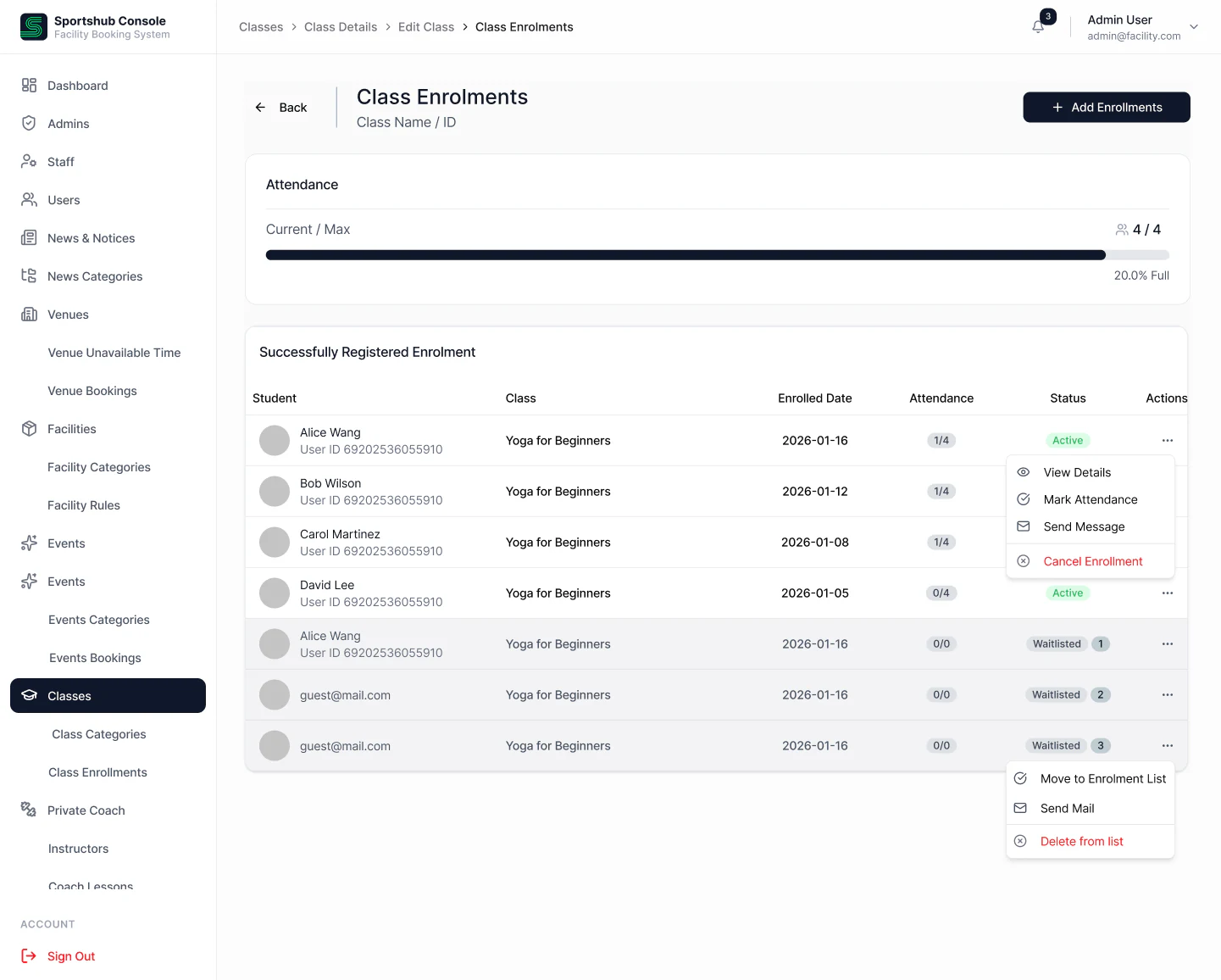 Sportshub CMS class enrolments showing confirmed members, waitlist and attendance actions