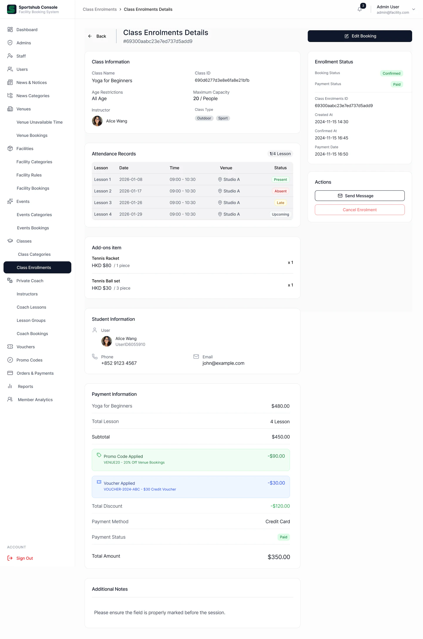 Sportshub CMS enrolment details with attendance, add-ons, payment and follow-up actions