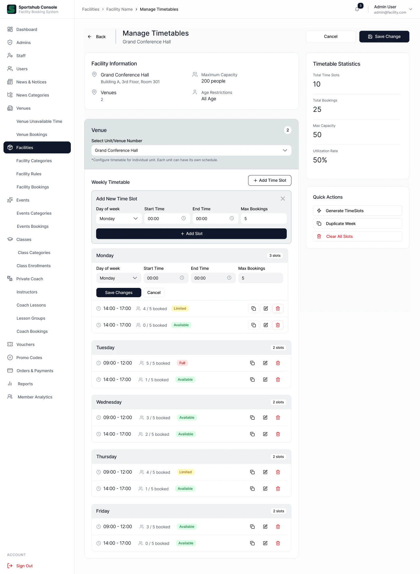 Sportshub CMS timetable management with weekly slots, booking limits and venue statistics