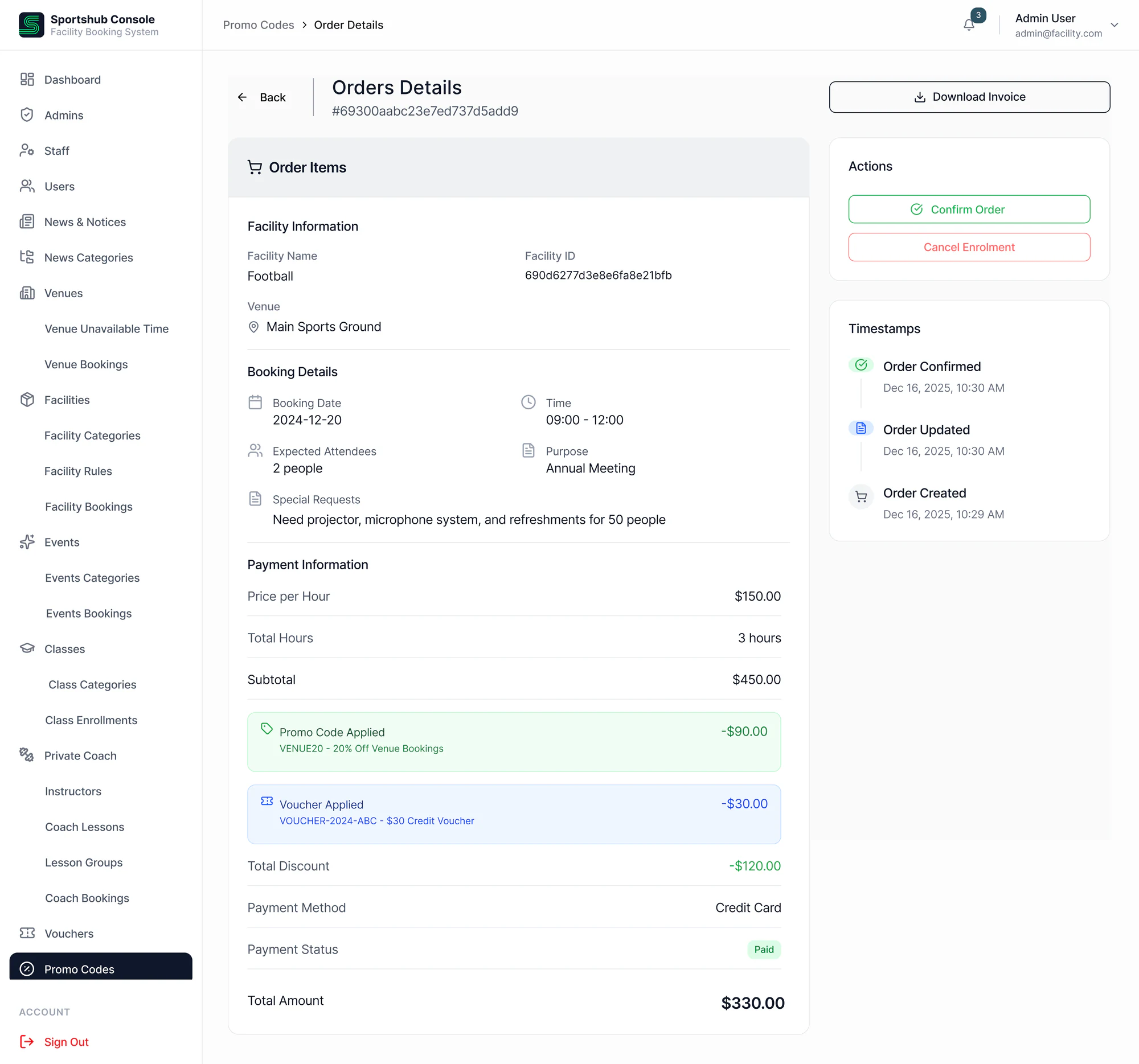 Sportshub CMS order details with booking charges, discounts, vouchers and payment history