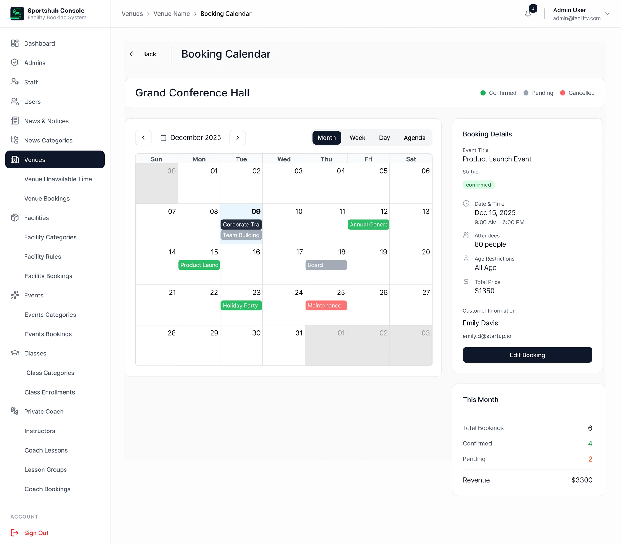 Sportshub CMS venue booking calendar with booking status and customer details