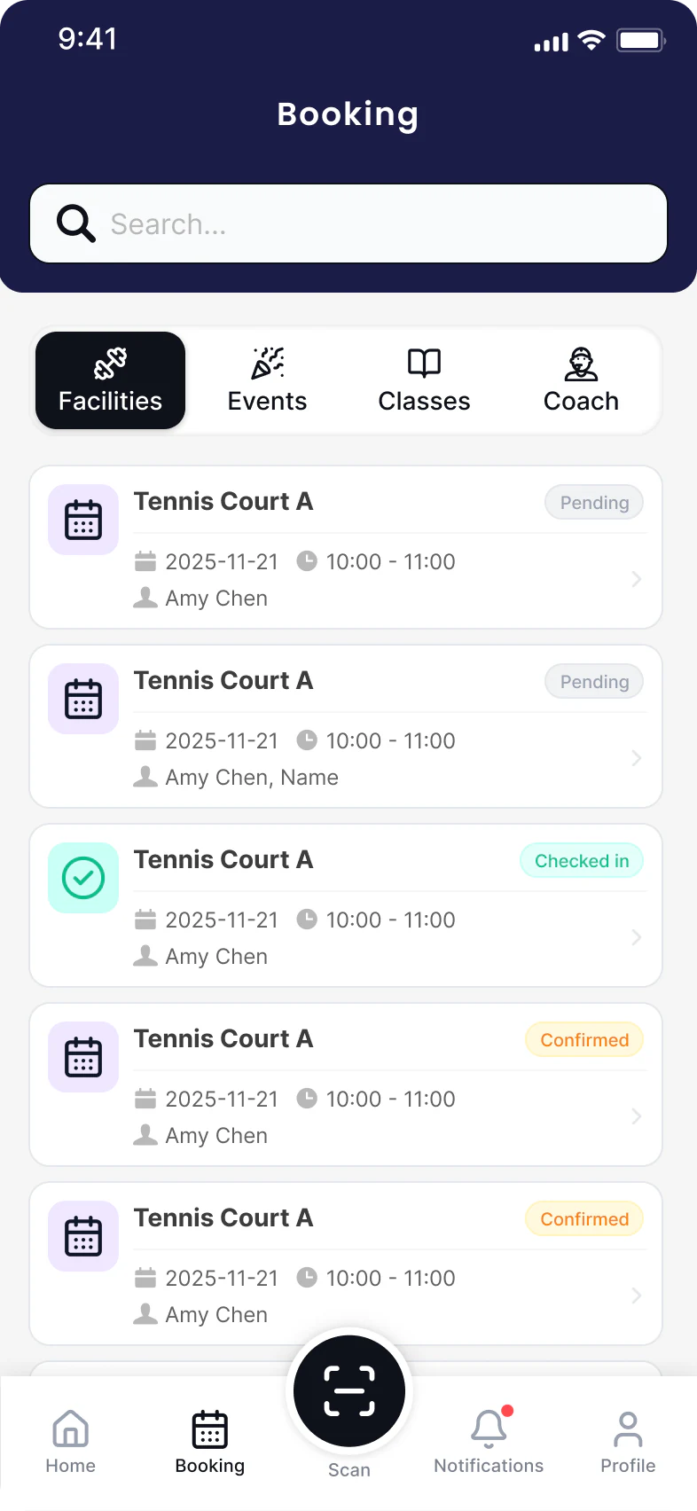 Sportshub staff facility bookings with reservation and check-in status