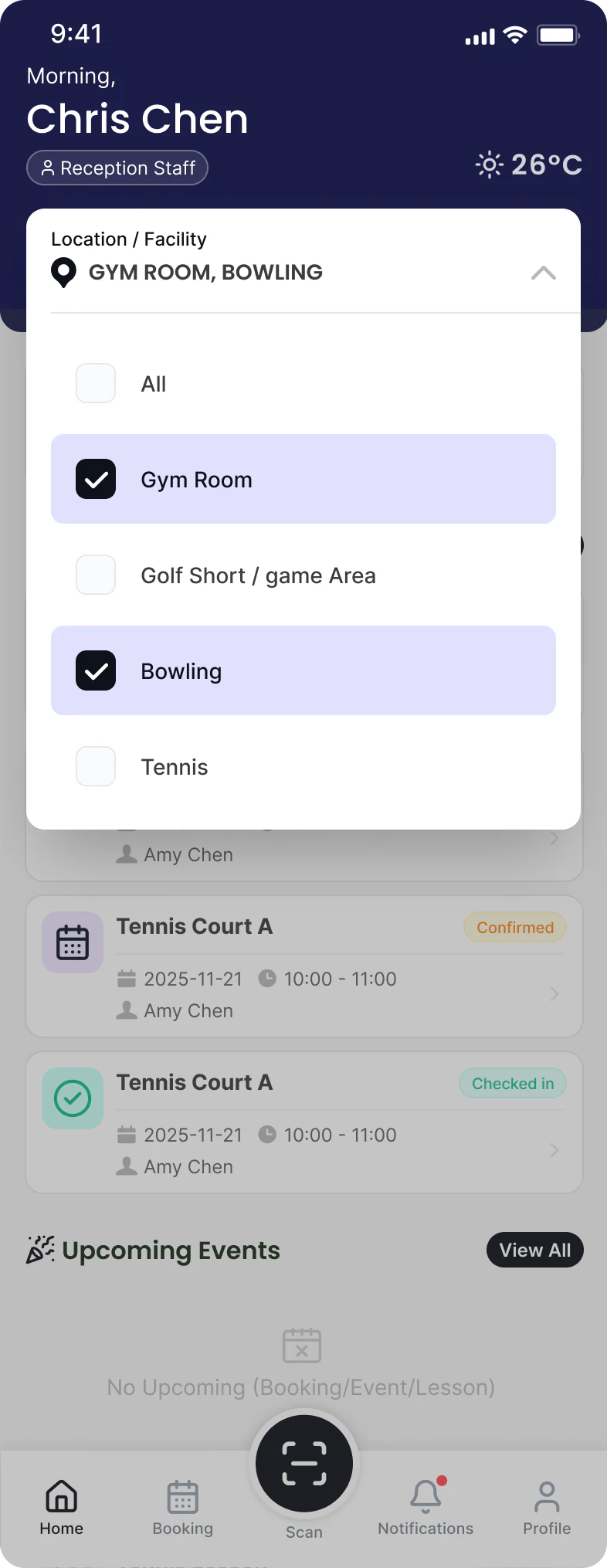 Sportshub staff schedules filtered by location or facility