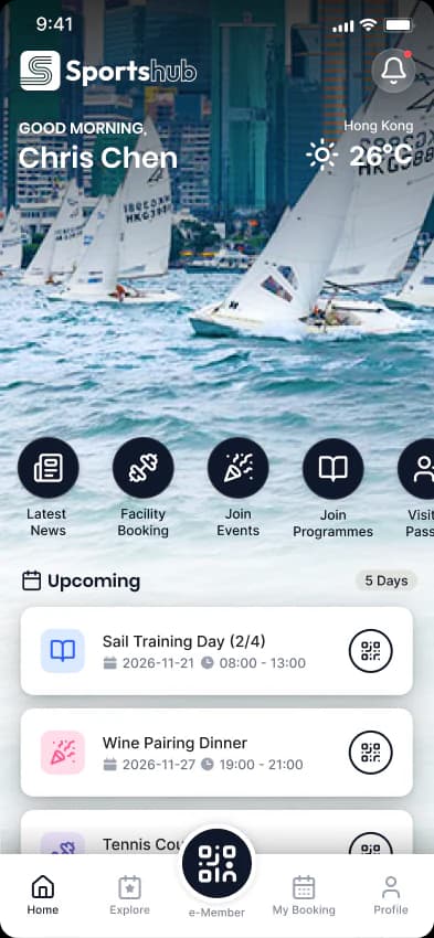 Sportshub member home showing upcoming activities and booking shortcuts