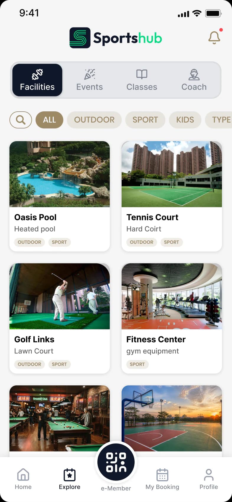 Sportshub facility catalogue with category filters and venue cards