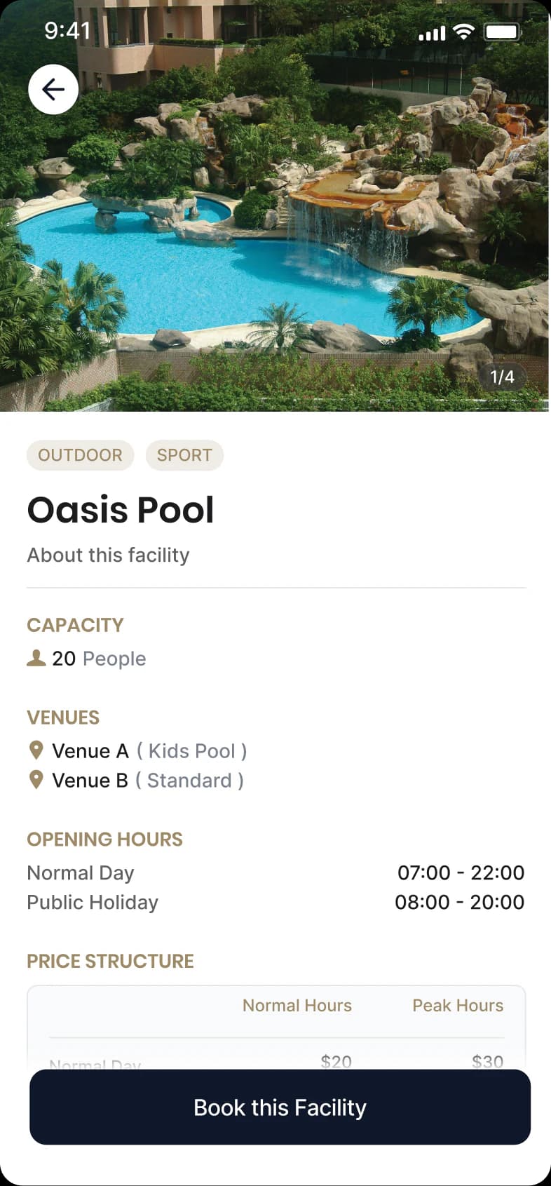 Oasis Pool facility details with venue information and booking action