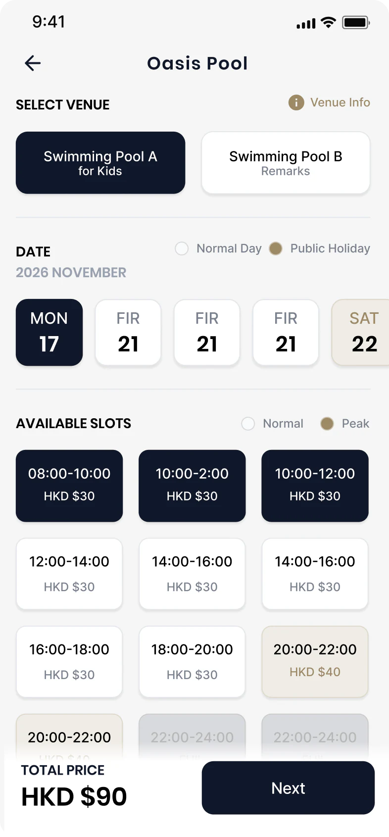 Oasis Pool date and time slot selection screen