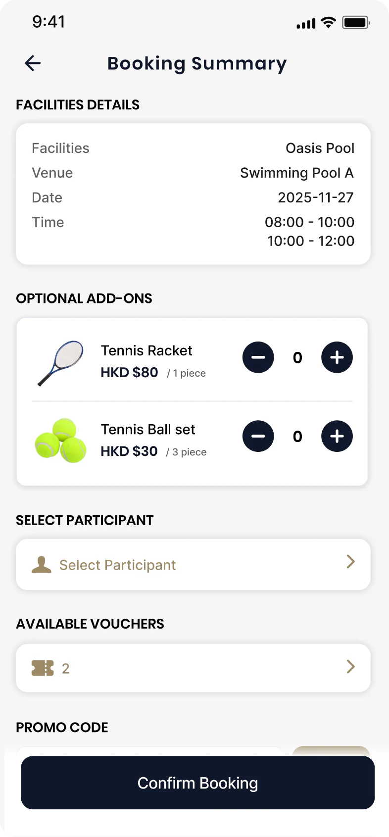 Facility booking summary with add-ons and participant selection