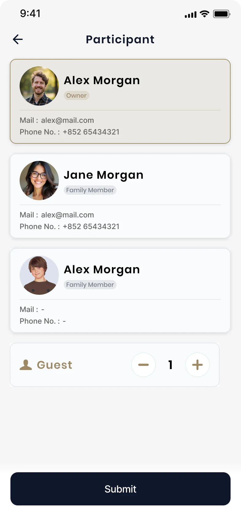 Participant selection with member profiles and guest quantity controls