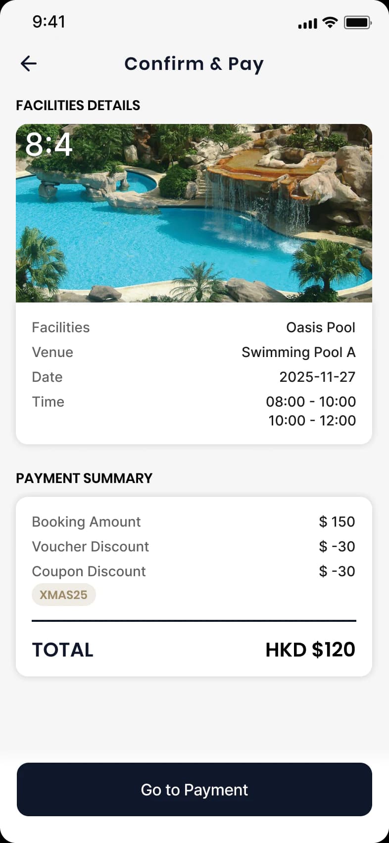 Facility booking confirmation and payment summary