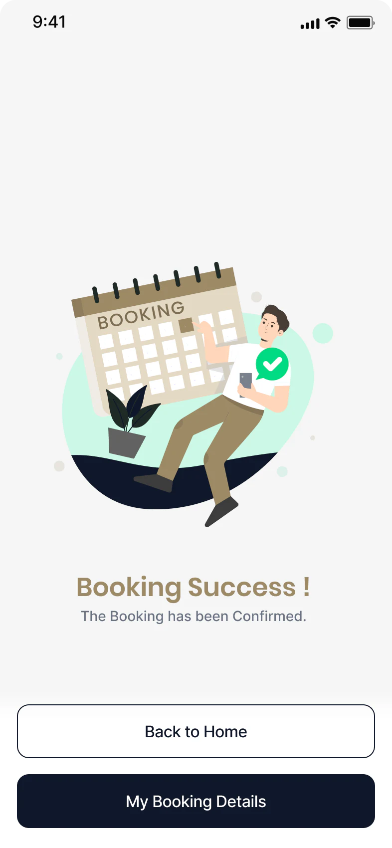 Successful facility booking confirmation with navigation actions