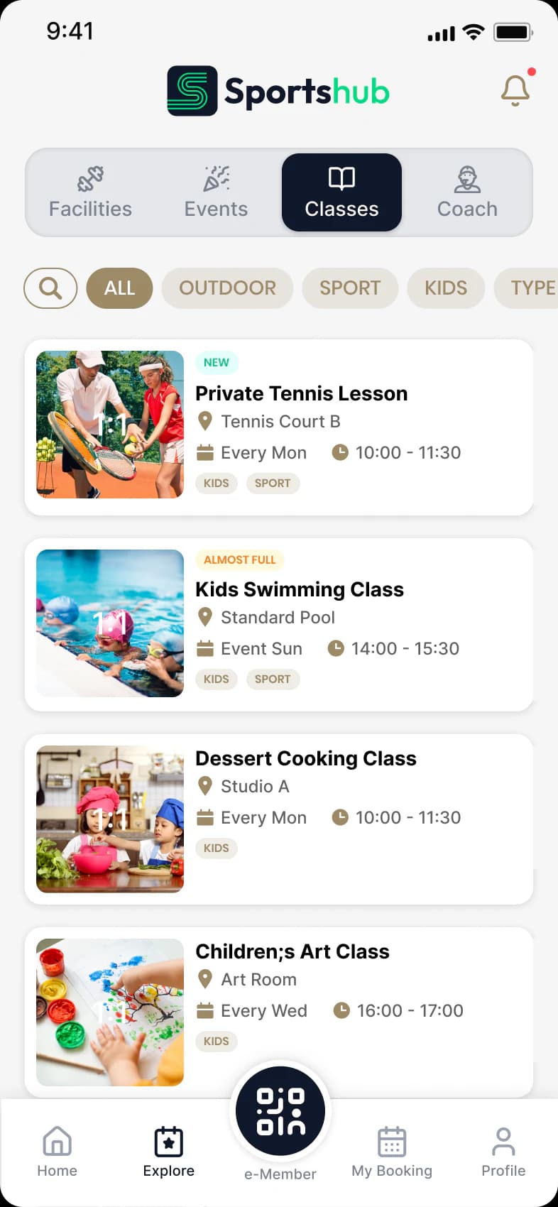 Sportshub programme catalogue with class schedules and availability