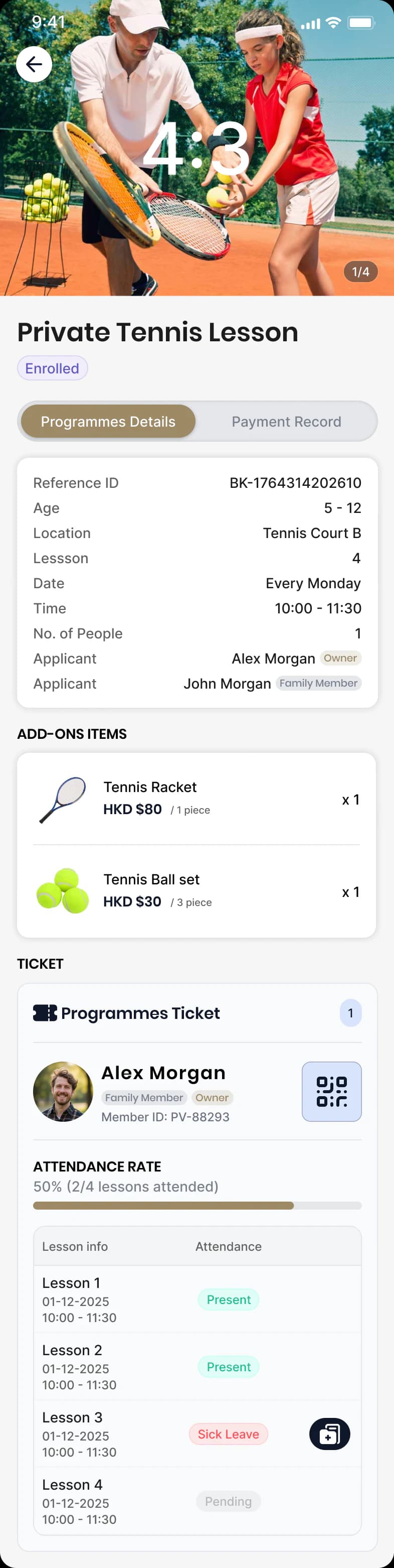Enrolled tennis programme record with ticket and lesson attendance