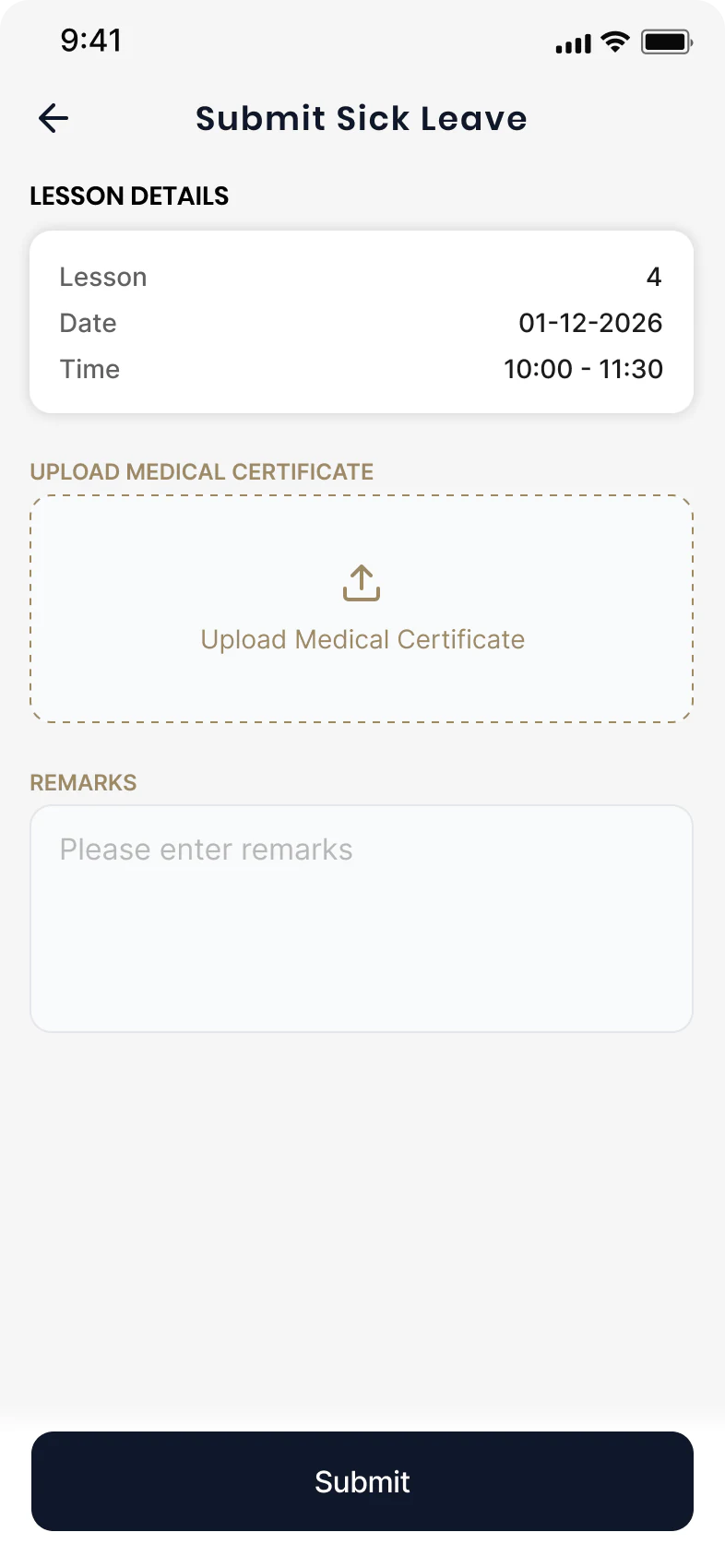Sick leave form with lesson details and medical certificate upload