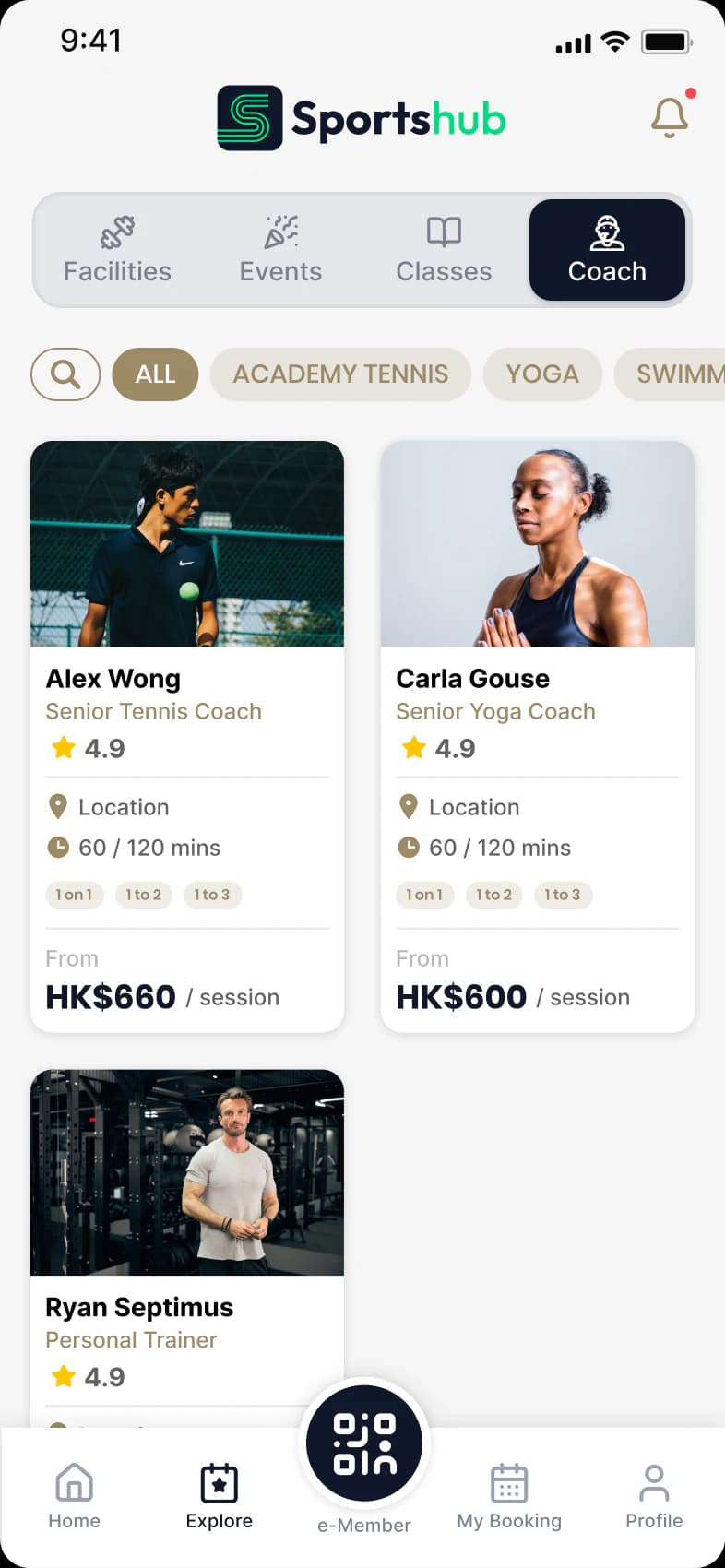 Sportshub coach catalogue with profiles, ratings and session prices