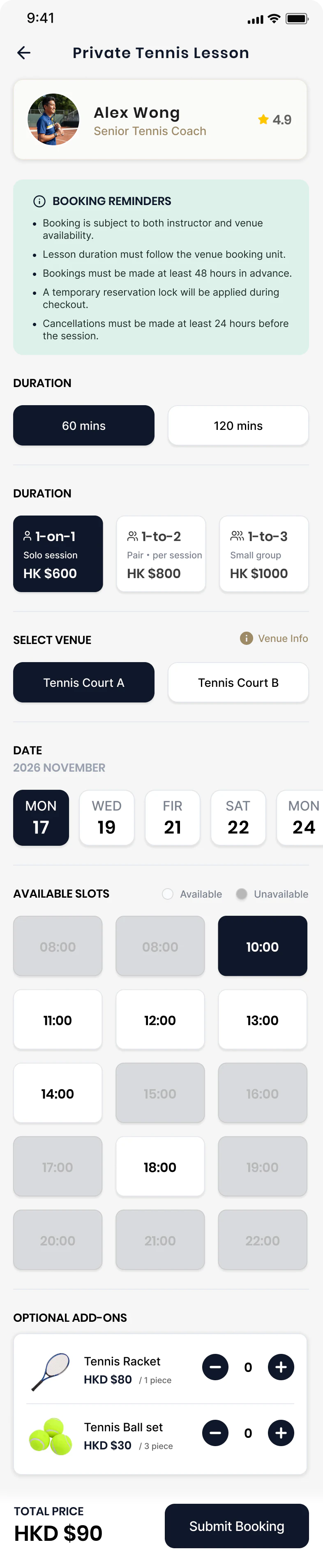 Private tennis coach booking with time slots and add-ons