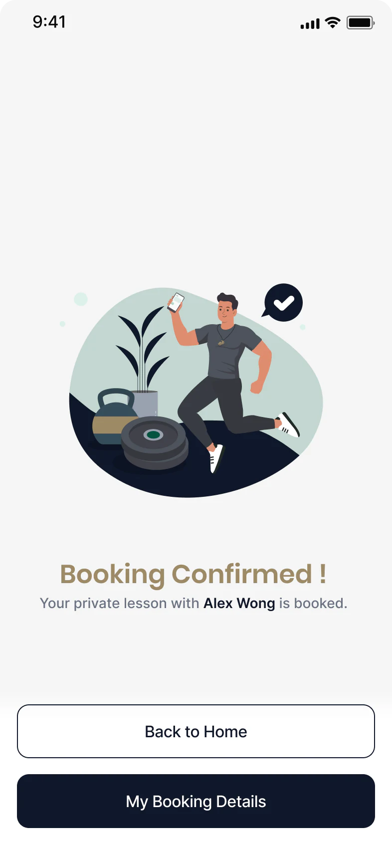 Successful private coach lesson booking confirmation