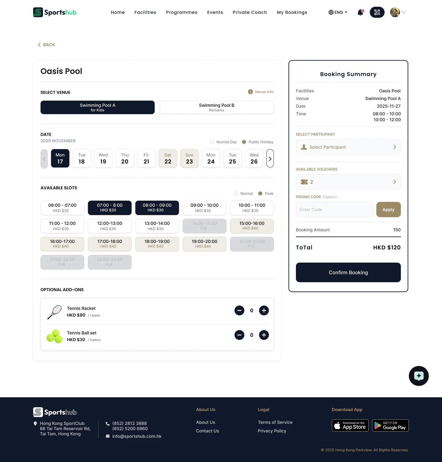 Sportshub website facility booking with time slots, participant, voucher and add-ons