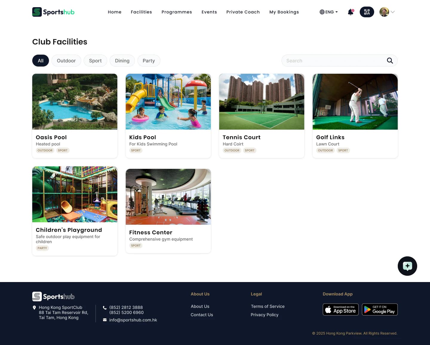 Sportshub website facility catalogue with category filters and venue cards