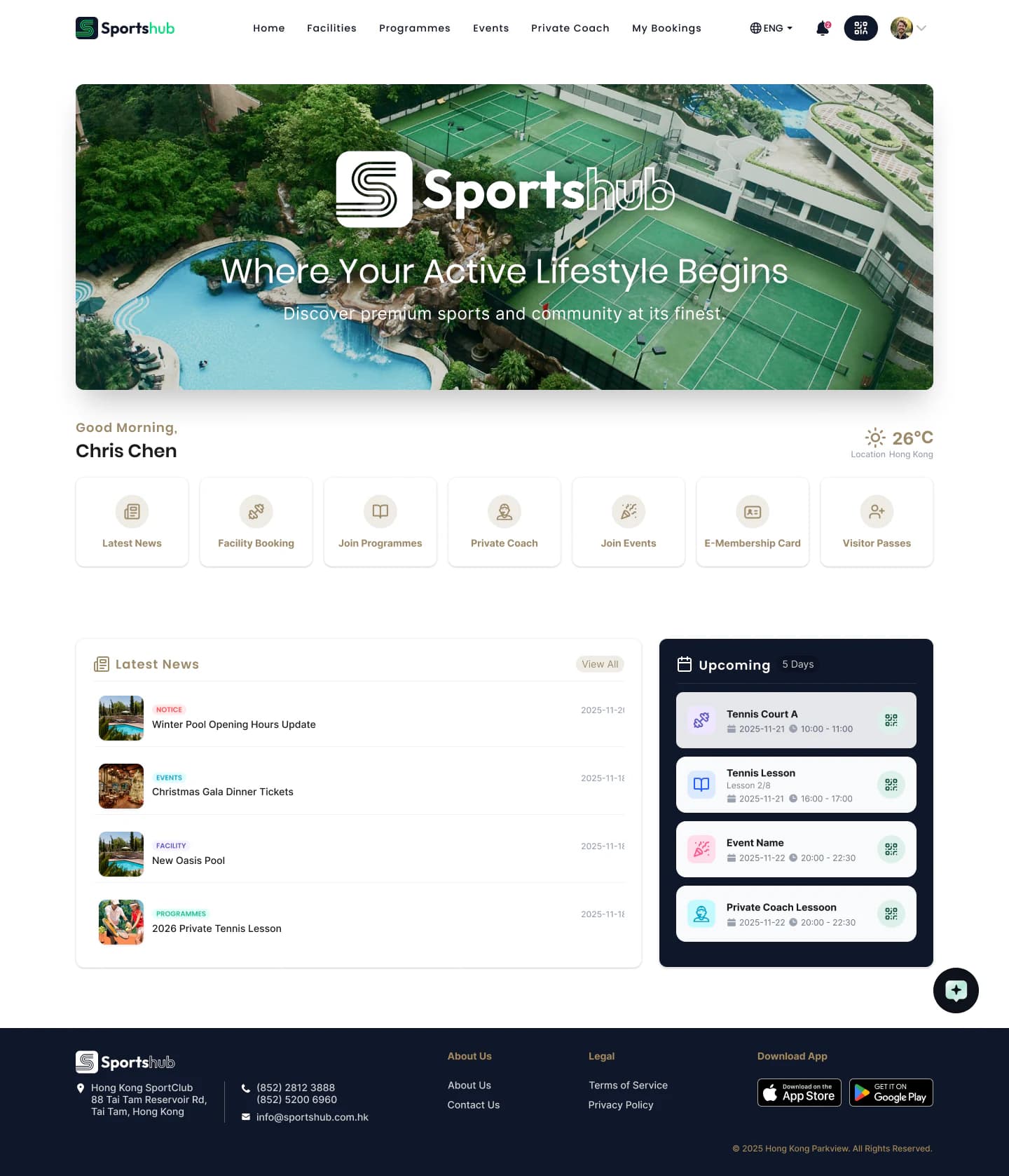 Sportshub member website home with club services, news and upcoming reservations