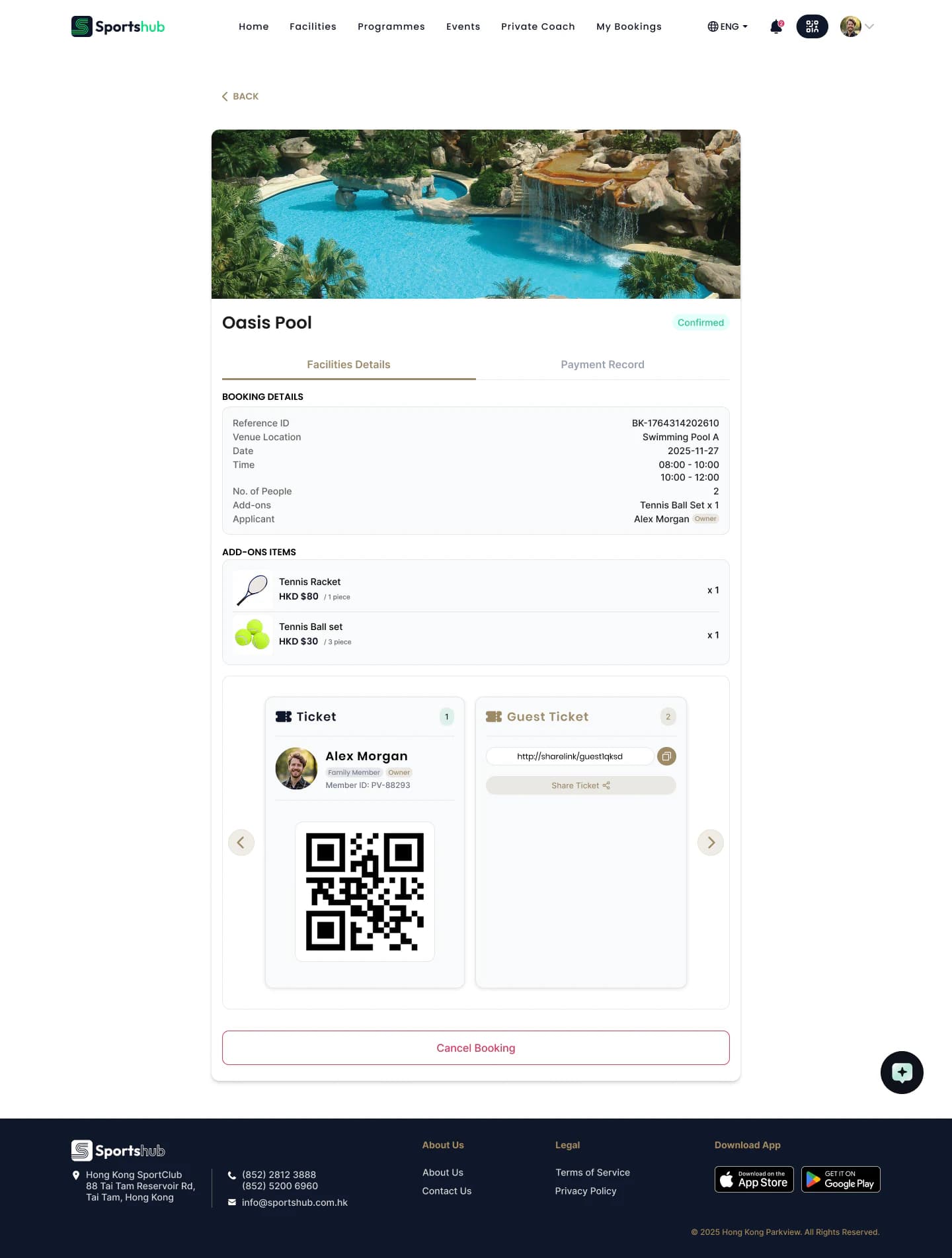 Sportshub website confirmed facility booking with details, add-ons and QR tickets