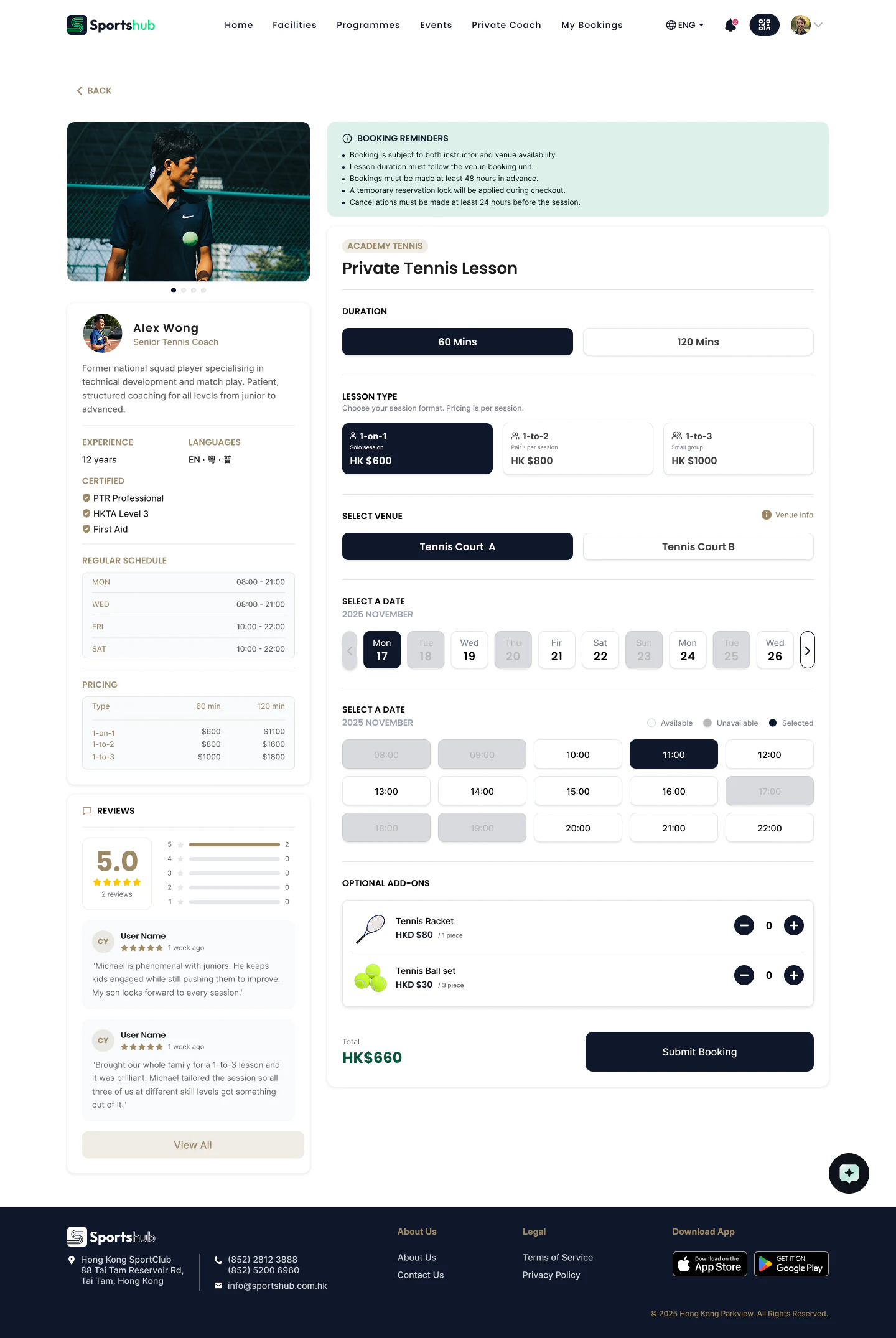 Sportshub website private coach booking with lesson options, availability and equipment