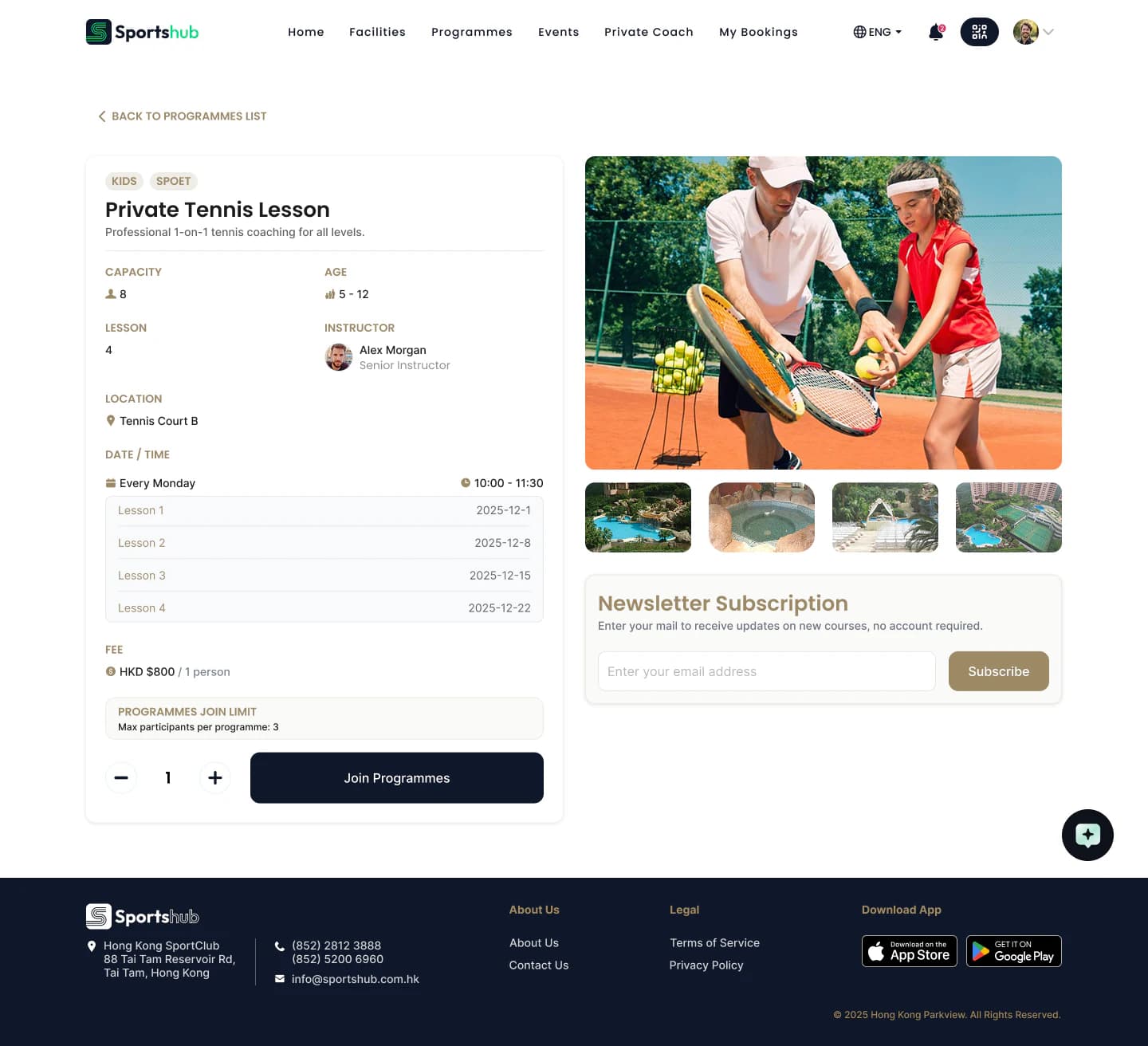 Sportshub website tennis programme details with schedule, instructor and joining controls